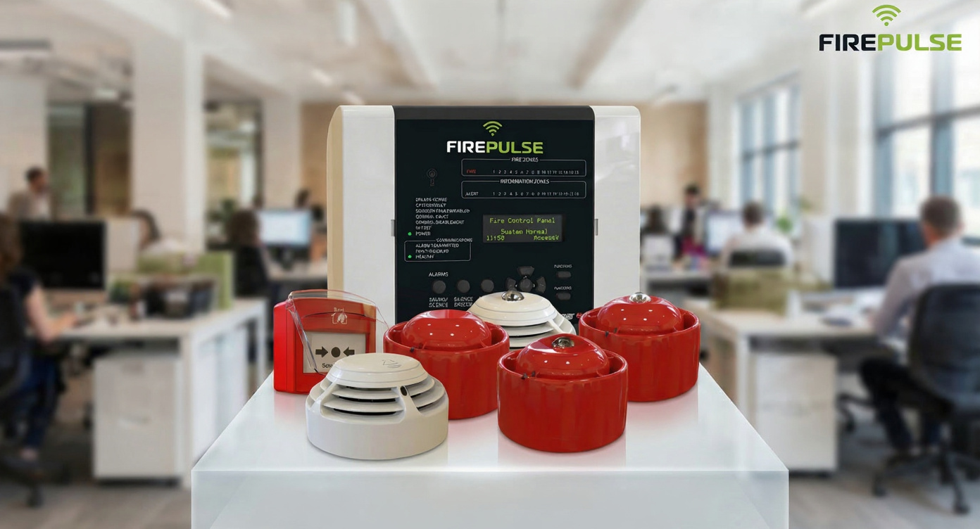 FirePulse wireless fire alarm panel with detectors, sounders and a manual call point